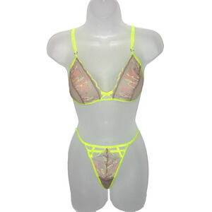 Venus Women's Bra and Panty Thong Set Lingerie Sheer Mesh Neon Pop NWOT Size M